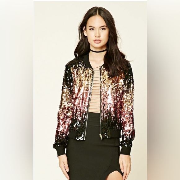 🩷🖤 Forever 21 Sequin Bomber Jacket🩷🖤SZ S-NWT - Picture 3 of 16